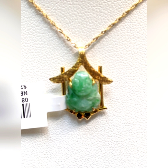Vintage 14K Yellow Gold Jadeite Buddha Pendant Necklace